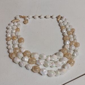 Alice Caviness Frosted Cream And Faux Pearl Triple Strand Necklace Vintage Rare